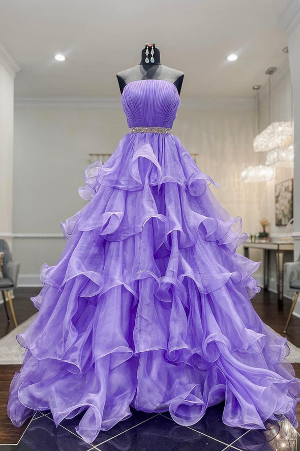 Purple Organza Beads Long Prom Dress A Line Evening Wedding Gown