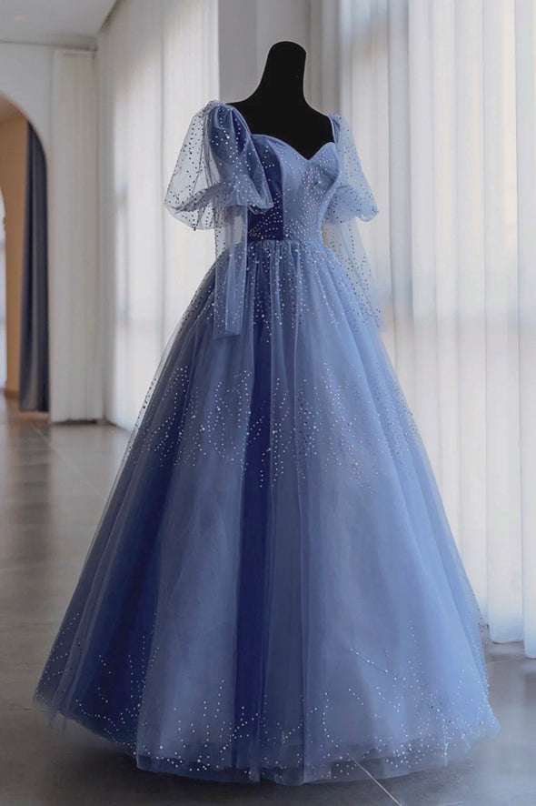 Blue Tulle Beads Long Prom Dress Blue Evening Dress