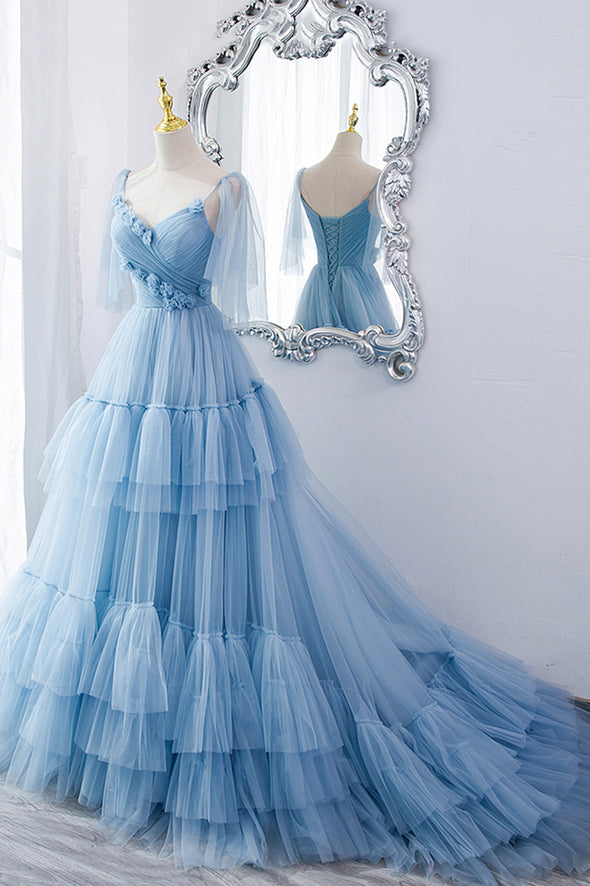 Blue Tulle Long Prom Dress Applique With Train Evening Dress Lace Up Back