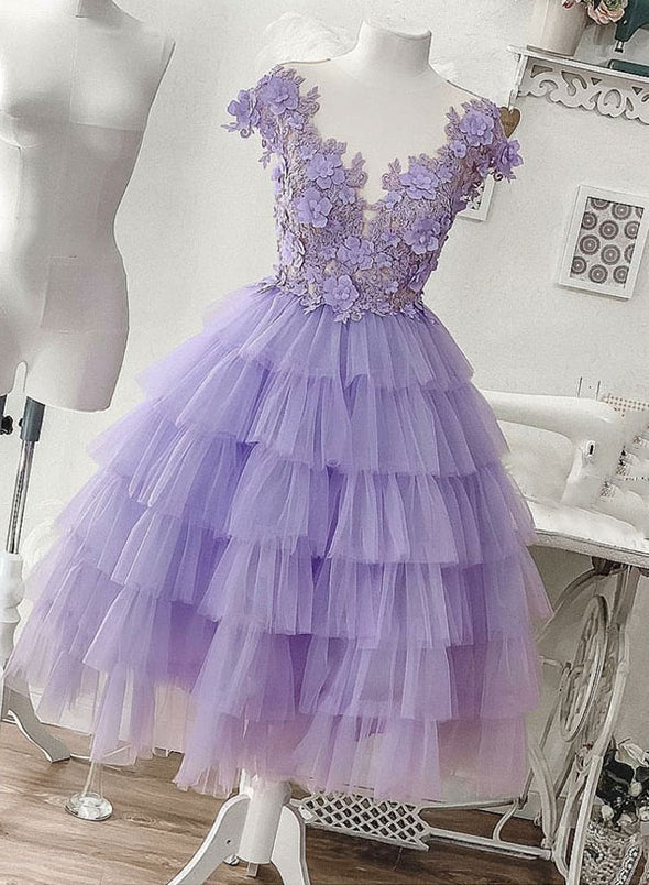 Purple Tulle Applique Short Prom Dress, Homecoming Dress