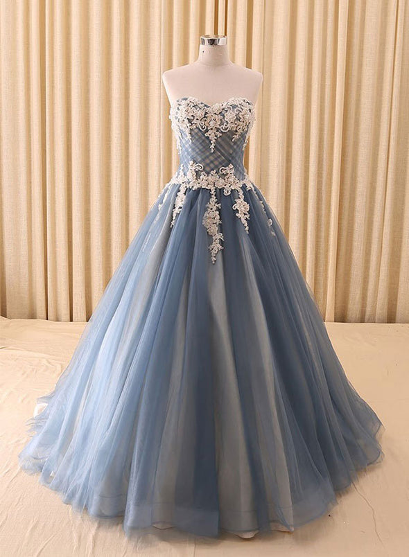 Strapless Tulle Lace Long Prom Dress, Evening Dress Lace Up Back
