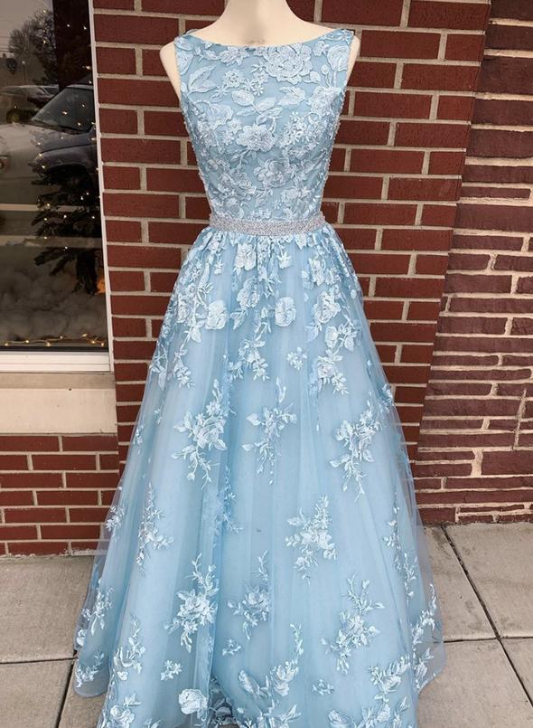 Blue Lace Beading Long Prom Dress Blue Evening Dress