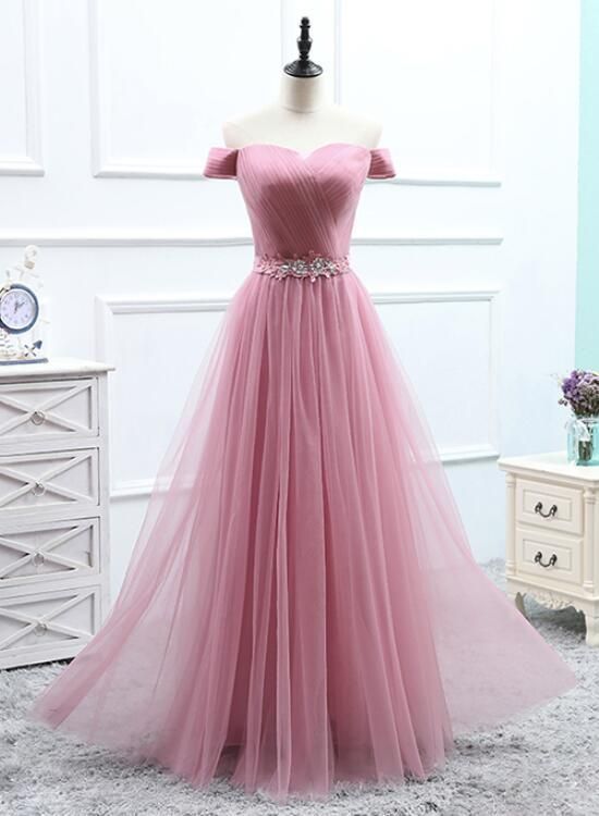 Fashion Off Shoulder Tulle Dark Pink Beading Evening Dress Long Prom Dresses