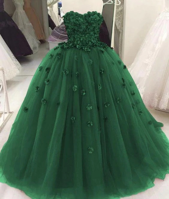 Green Ball Gown Applique Tulle Prom Dresses Formal Evening Dresses Formal Occasion Dress