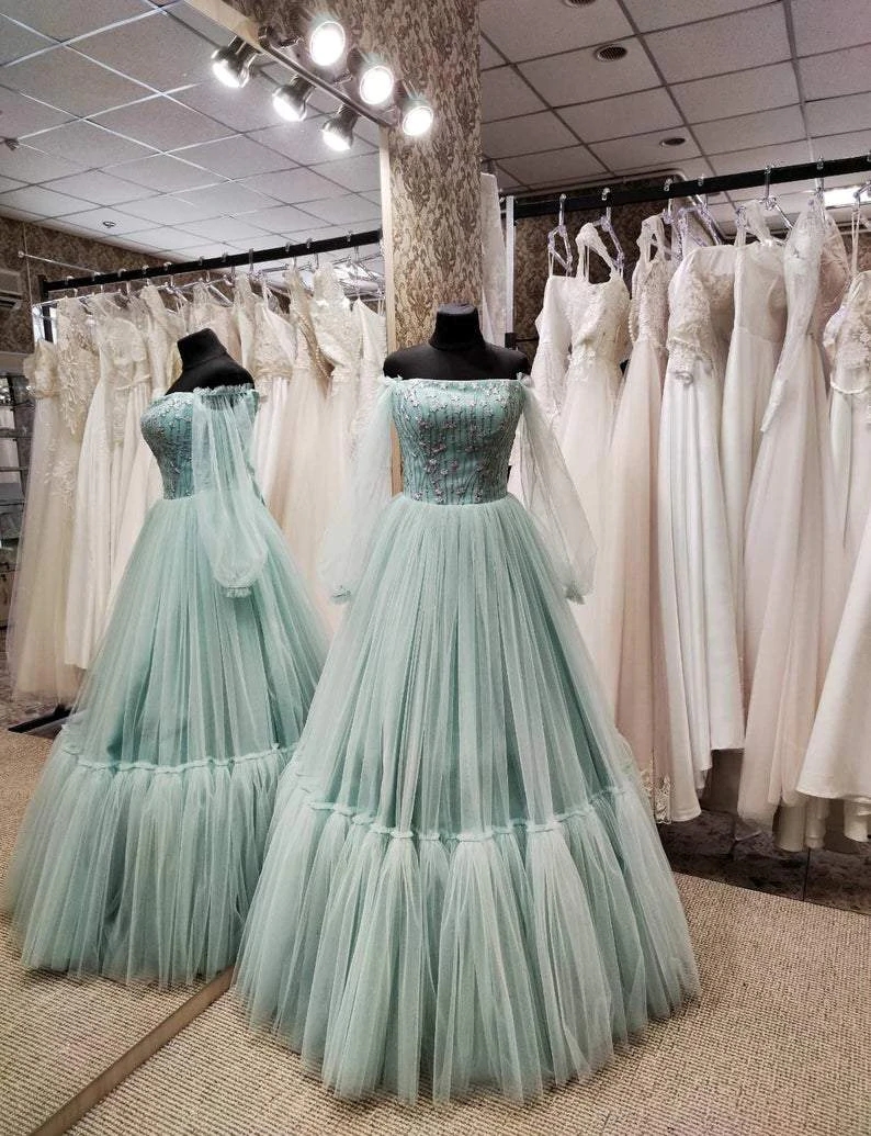 Light Green A Line Long Sleeve Tulle Prom Dresses Formal Evening Dresses Formal Occasion Dress