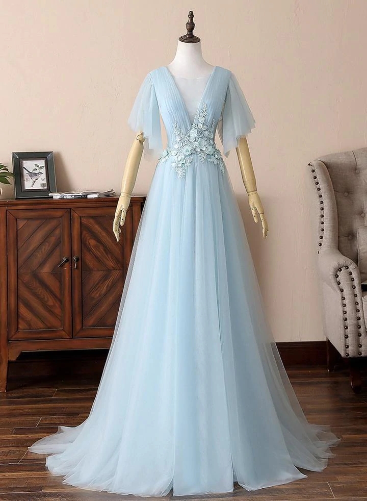 Blue Tulle Gorgeous V Neck Long Prom Dress, A-line Tulle Formal Evening Dress