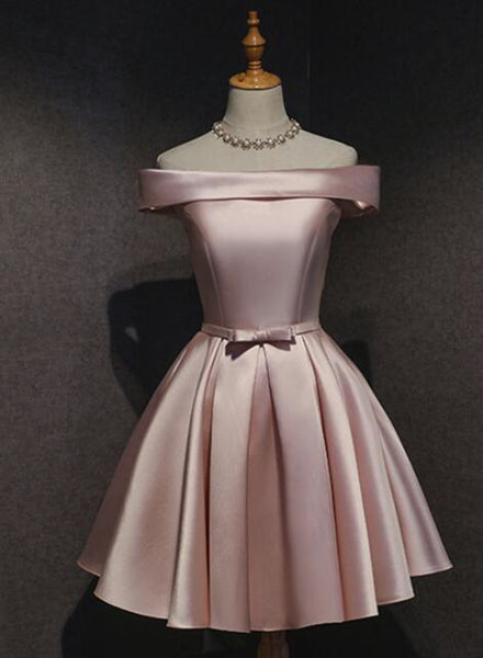 Pink Off Shoulder Homecoming Dress, Pink Party Dress, Cute Satin Dress B005
