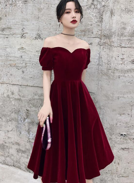 Off-shoulder Maroon Velvet Dress For Women on Luulla