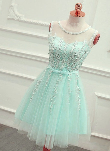 Cute Mint Green Tulle Short Party Dress With Lace Applique, Homecoming Dress C032