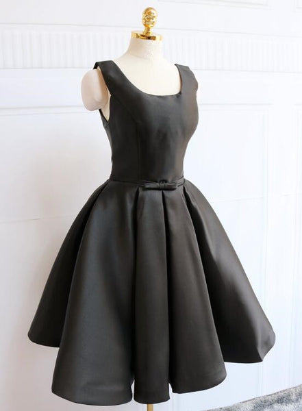Black Satin Knee Length Party Dress, Black Backless Evening Dress C0037