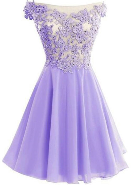 Lavender Chiffon Cap Sleeve Off Shoulder Short Party Dress, Lovely Formal Dress C0044