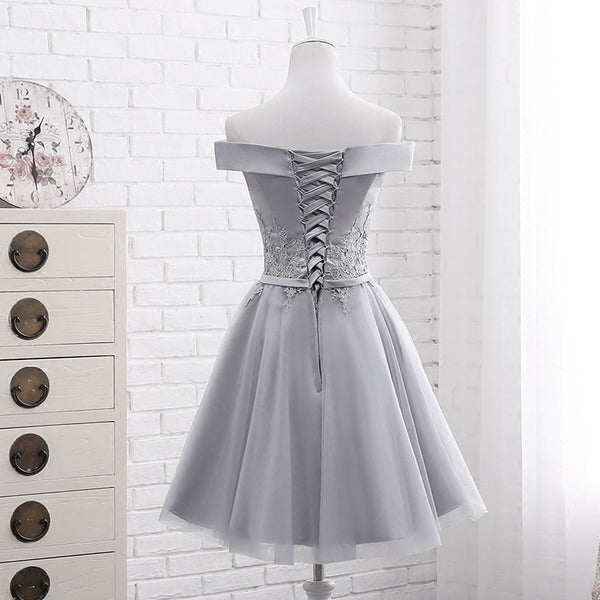 19538 Grey Stone Embroidered Off-Shoulder Shimmer Tulle Dress