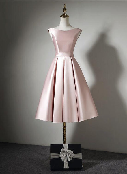 Light Pink Tea Length Satin Wedding Party Dress, Pink Evening Party Dress, Homecoming Dresses C0058
