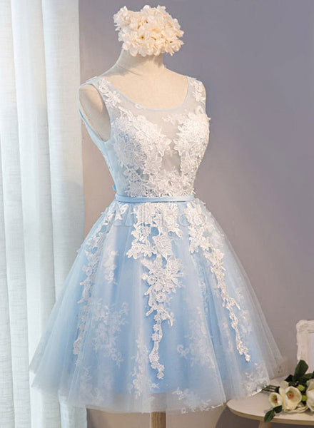 Blue Simple Tulle Homecoming Dress Lace Applique, Baby Blue Sash Backless A Line Knee Length Formal Dress C0060