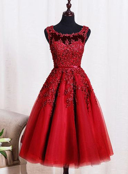 Red Tea Length Round Homecoming Dresses, Lace Applique Red Party Dress, Vintage Style Prom Dress C0061