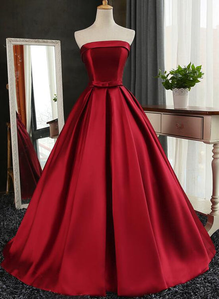 Wine Red Satin Long Party Gowns, Wine Red Formal Gowns, Junior Prom Dress C0065