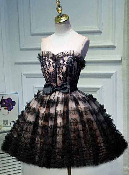 Lovely Pink And Black Short Party Dress With Bow, Cute Black Homecoming Dresses C092