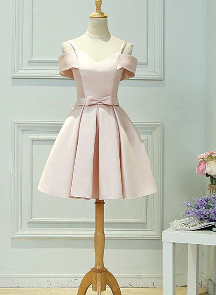 Light Pink Satin Knee Length Off Shoulder Party Dress, Short Pink Homecoming Dress C109
