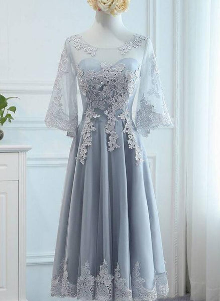 Lovely Tulle Grey Lace Party Dress With Lace, Short Formal Dress Prom Dress C114