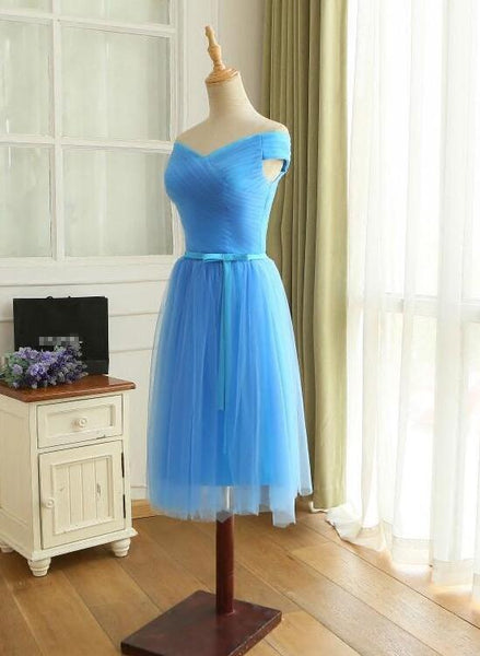Blue Off Shoulder Tulle Short Prom Dress, Blue Bridesmaid Dress Party Dress D008