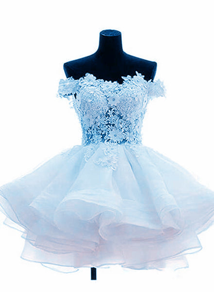 Light Blue Layers Organza Party Dress With Lace, Off Shoulder Short Prom Dress D009