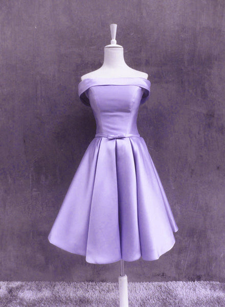 Lovely Off Shoulder Style Light Purple Satin Homecoming Dress, Short Prom Dress D032