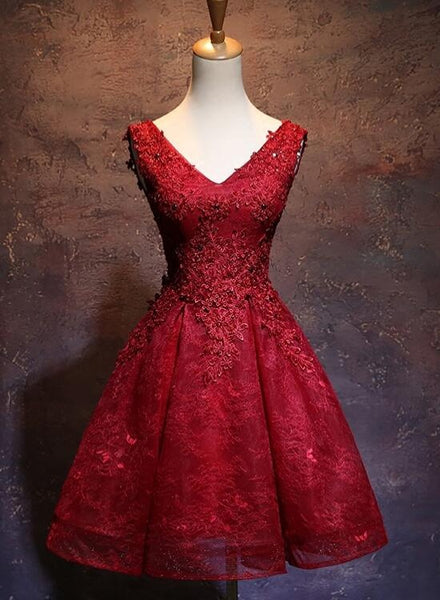 Wine Red Short Lace Cute Homecoming Dress, V-neckline Lace-up Back Teen Party Dress D034