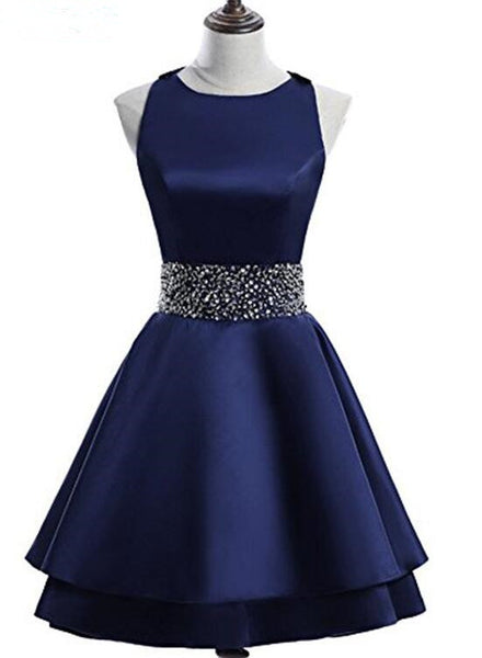 Navy Blue Satin Layers Cross Back Homecoming Dress, Blue Short Prom Dress D055