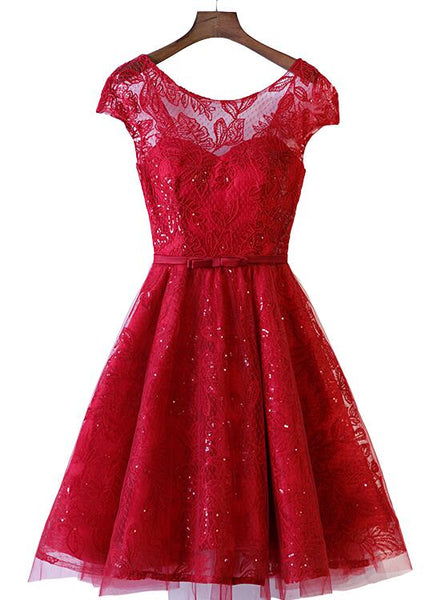 Fashion Dark Red Lace Cap Sleeves Short Party Dress, Wine Red Formal Dress D062
