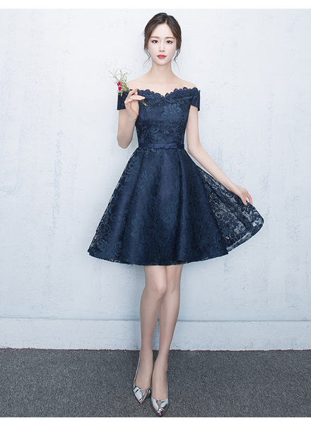 Prom Dress Blue Lace Short Party Dress, Lace Formal Dress D063