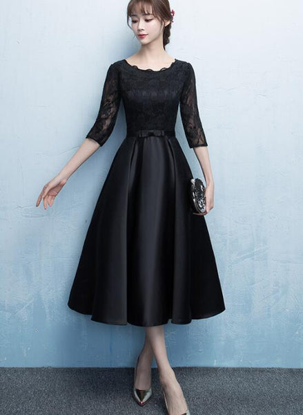 Black Satin Tea Length Party Dress, Black Prom Dress D070
