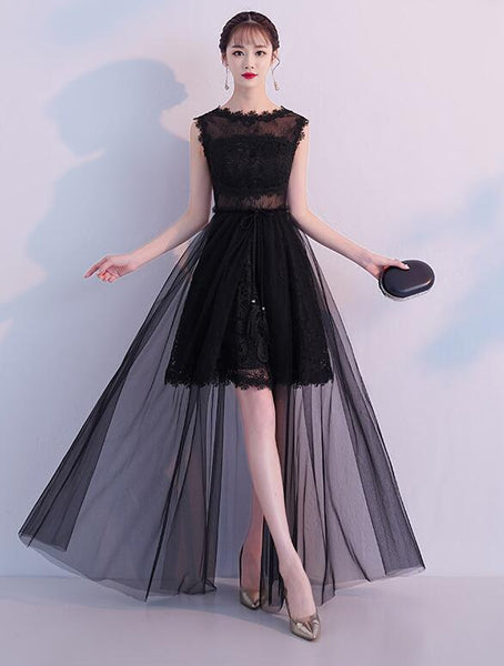 Black Tulle And Lace See Through Long Party Dress, Black Evening Dress D099