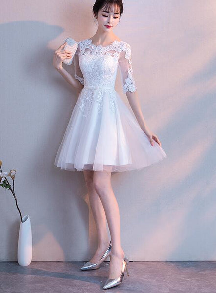 Custom Beautiful White Tulle With Lace Top Short Sleeves Party Dress, Graduation Dress F004