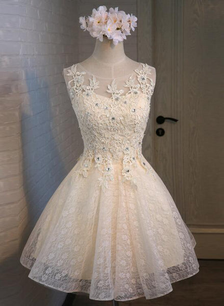 Short Lovely Champagne Cute Lace Beaded Party Dress, Cute Homecoming Dress F006