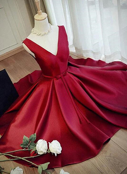 Lovely Wine Red Satin Knee Length Party Dress, Burgundy Homecoming Dress F009