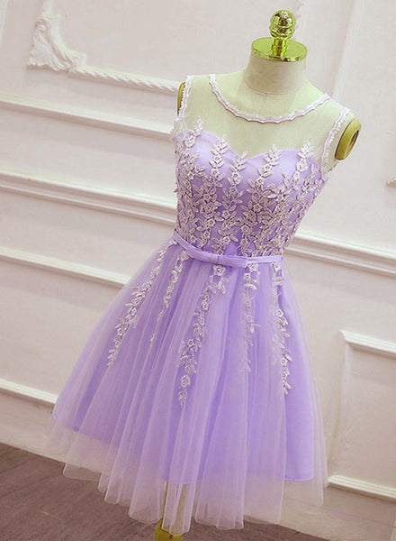 Light Purple Tulle Short Prom Dress, Lace Applique Formal Dress F015
