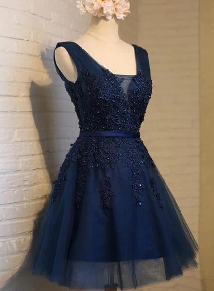 Navy Blue Knee Length Lace Applique Party Dress Homecoming Dress F030 On Luulla 