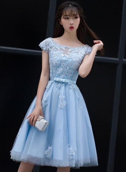 Light Blue Flowers Cute Tulle Knee Length Party Dress, Blue Floral Homecoming Dress Prom Dress