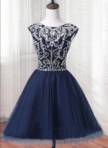 Short Tulle Beaded Dress Blue Knee Length Homecoming Dress, Cute Party Dress F044