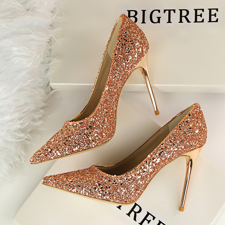 European And American Style Women's Shoes High Heels Shallow Open Pointed Toe Shiny Sequins Sexy Slim Nightclub High Heels Shoes S018