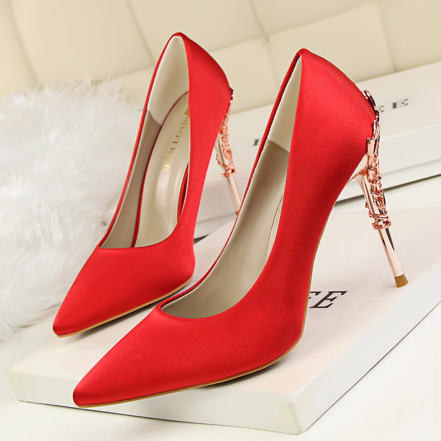 Red Satin High Heels with Metallic Stiletto