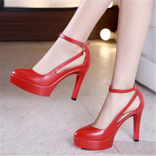 Genuine Leather Shoes Women Round Toe Pumps Sapato Feminino High Heels Fashion Black Work Shoe Plus Size (heel 11cm) H019