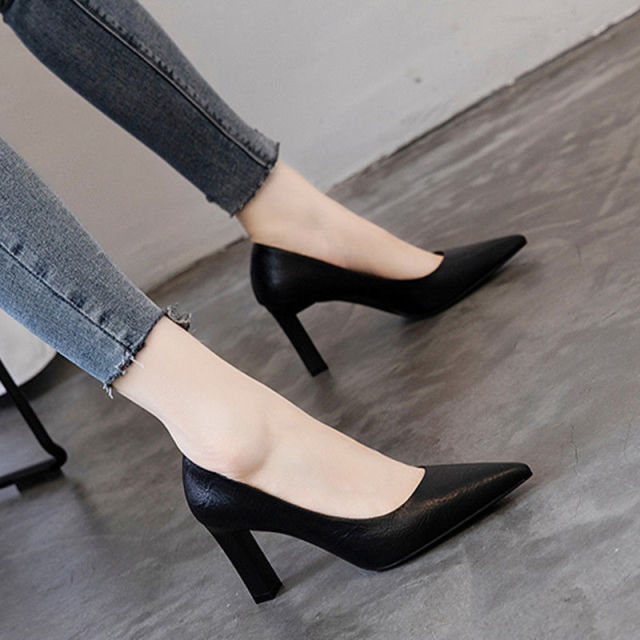 8cm Thick-heeled Shoes Women's Spring And Summer All-match Soft Leather High Heels Girls French Pointed Shoes H021