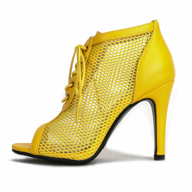 Vibrant Yellow Open-toe Mesh Lace-up Heels on Luulla
