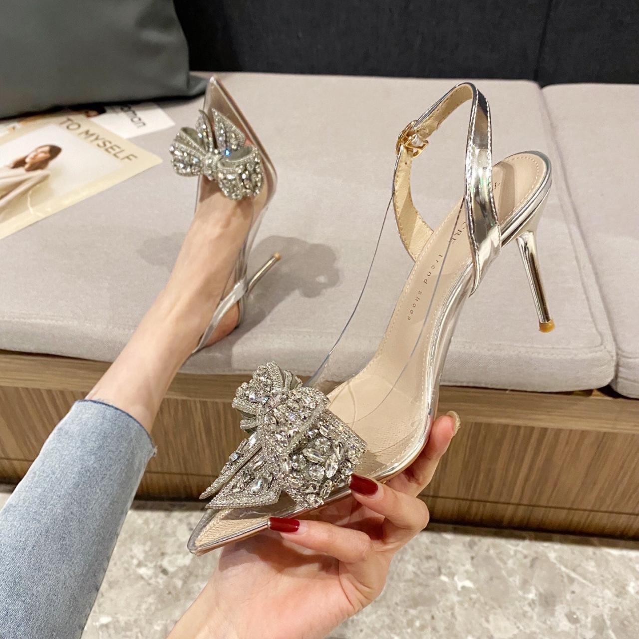 Sparkling Rhinestone Bow Silver High Heel Sandals