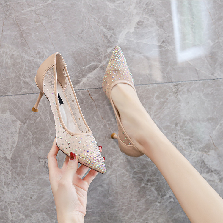 High Heels Women's Single Shoes Korean Version Fashion Rhinestone Mesh Fine Heel Pointed Toe H109