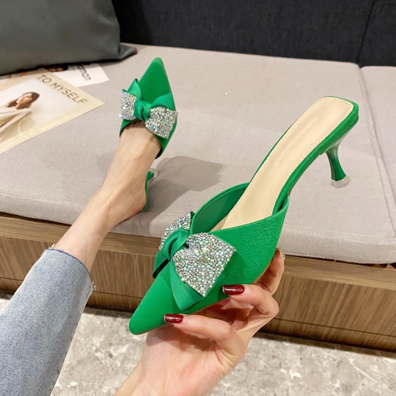 High Heels Women's Stiletto Pointed Toe Apricot Temperament Bow Single Shoes Slippers Women (heel 6cm) H110