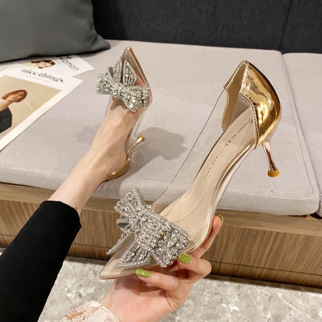 Pointed Toe High Heels Bow French Rhinestone Stiletto Shoes Women's Wedding Dress Shoes H112