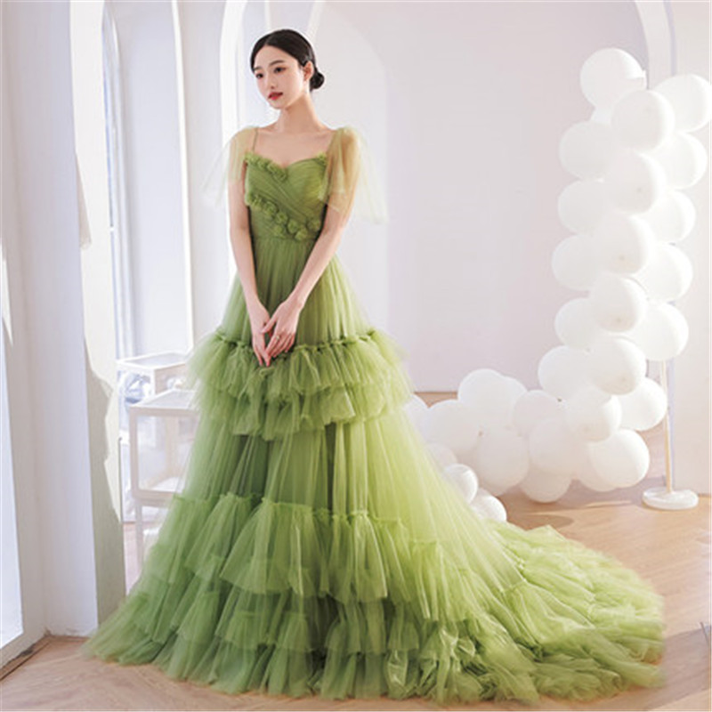 Green Full Length Strapless Cap Shoulder Prom Dress Evening Dress Custom Size