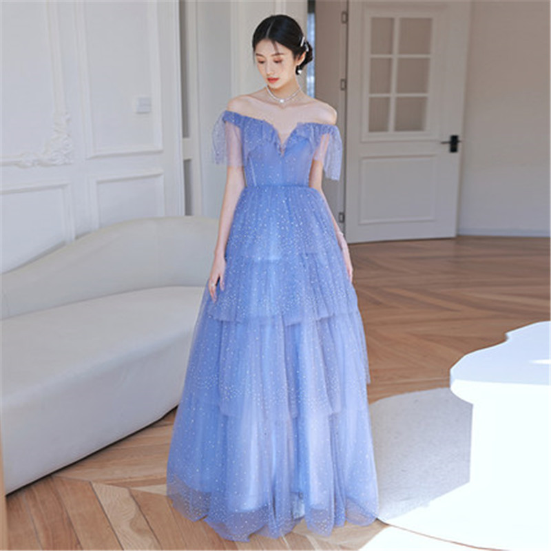 Off-shoulder Blue Tulle Layered Evening Gown on Luulla